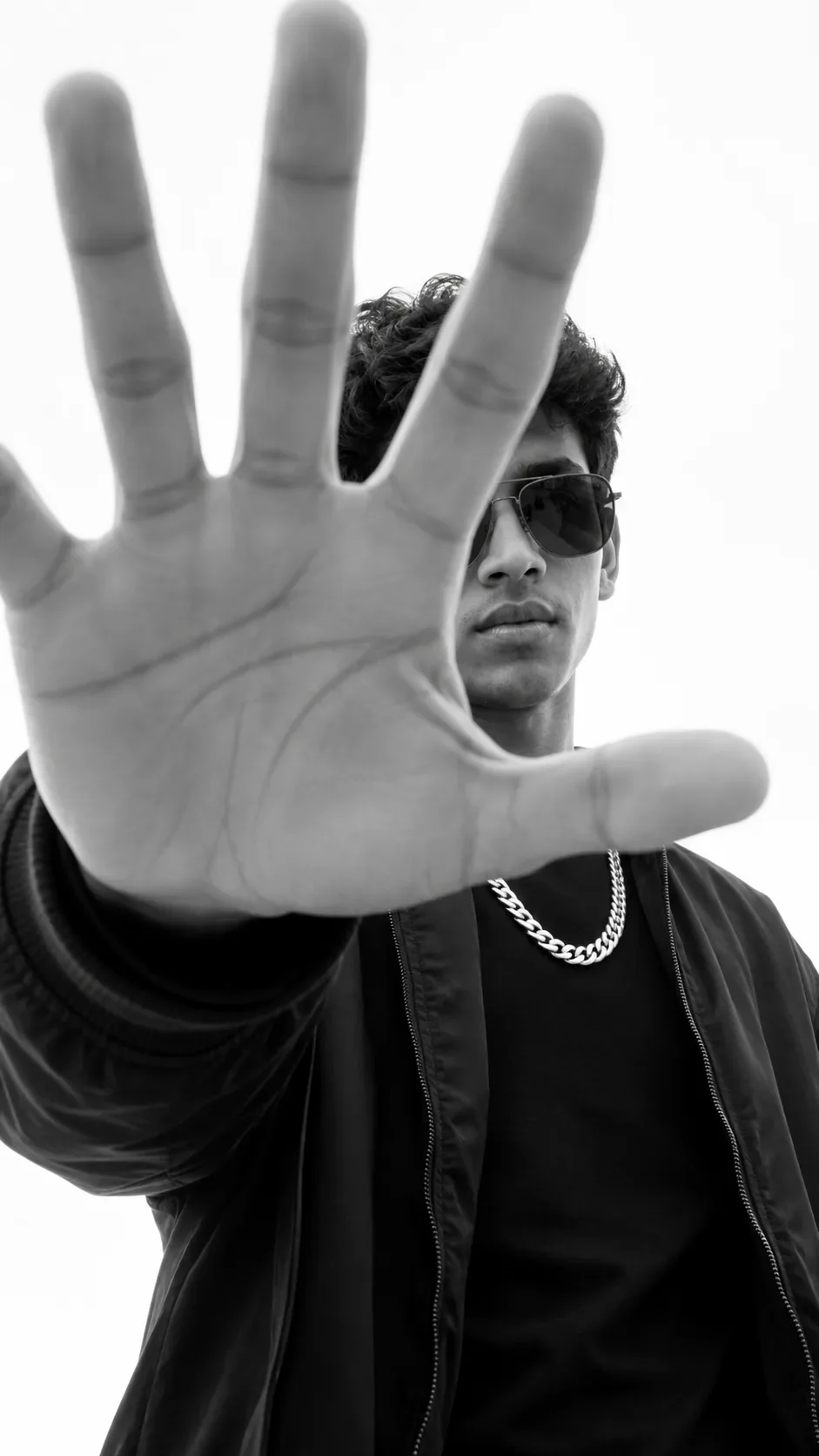 Hand Framing Face Editorial Cinematic Black And White Fashion Portrait AI Photo Prompt preview example result