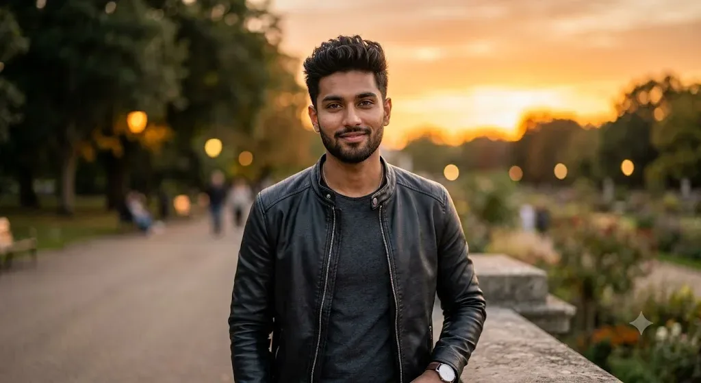 Handsome Young Man In His Early 20s, Wearing A Modern Black Leather Jacket AI Photo Prompt preview example result