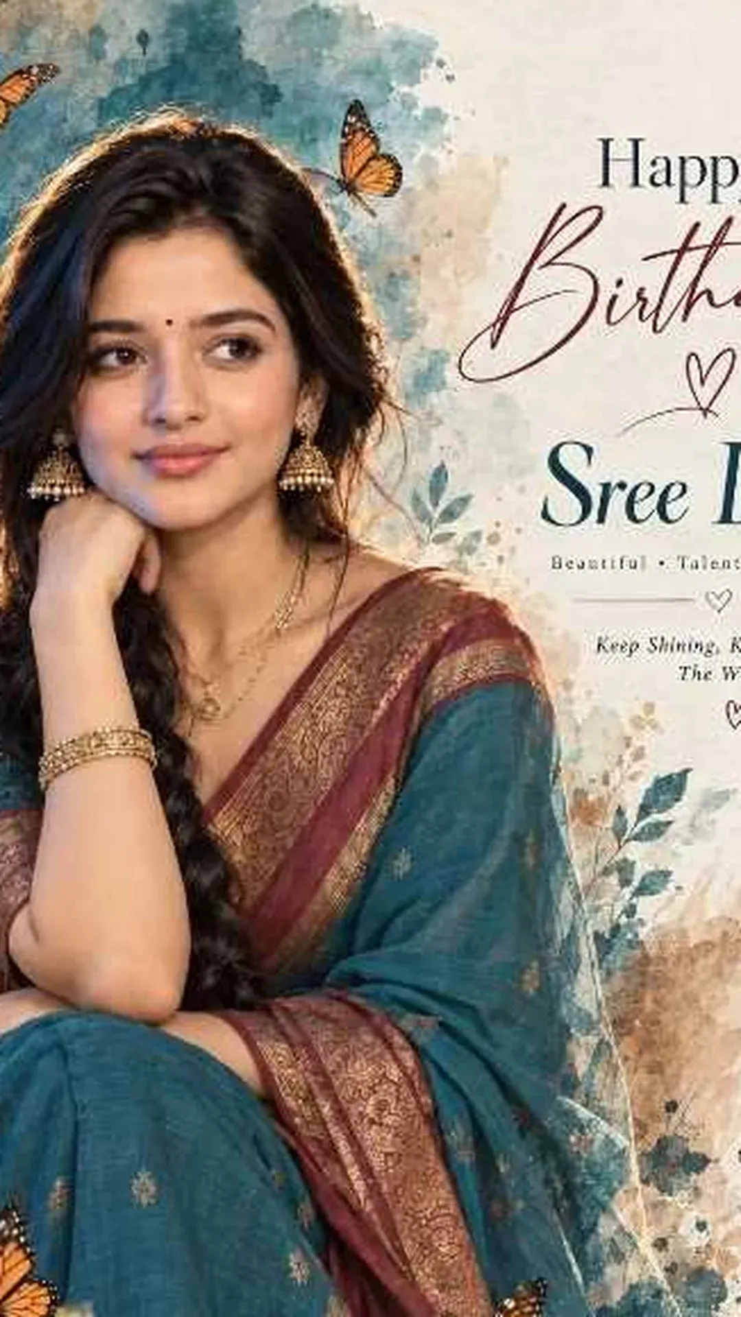 Happy Birthday Sree Leela Elegant Saree Portrait With Butterfly Watercolor AI Photo Prompt preview example result