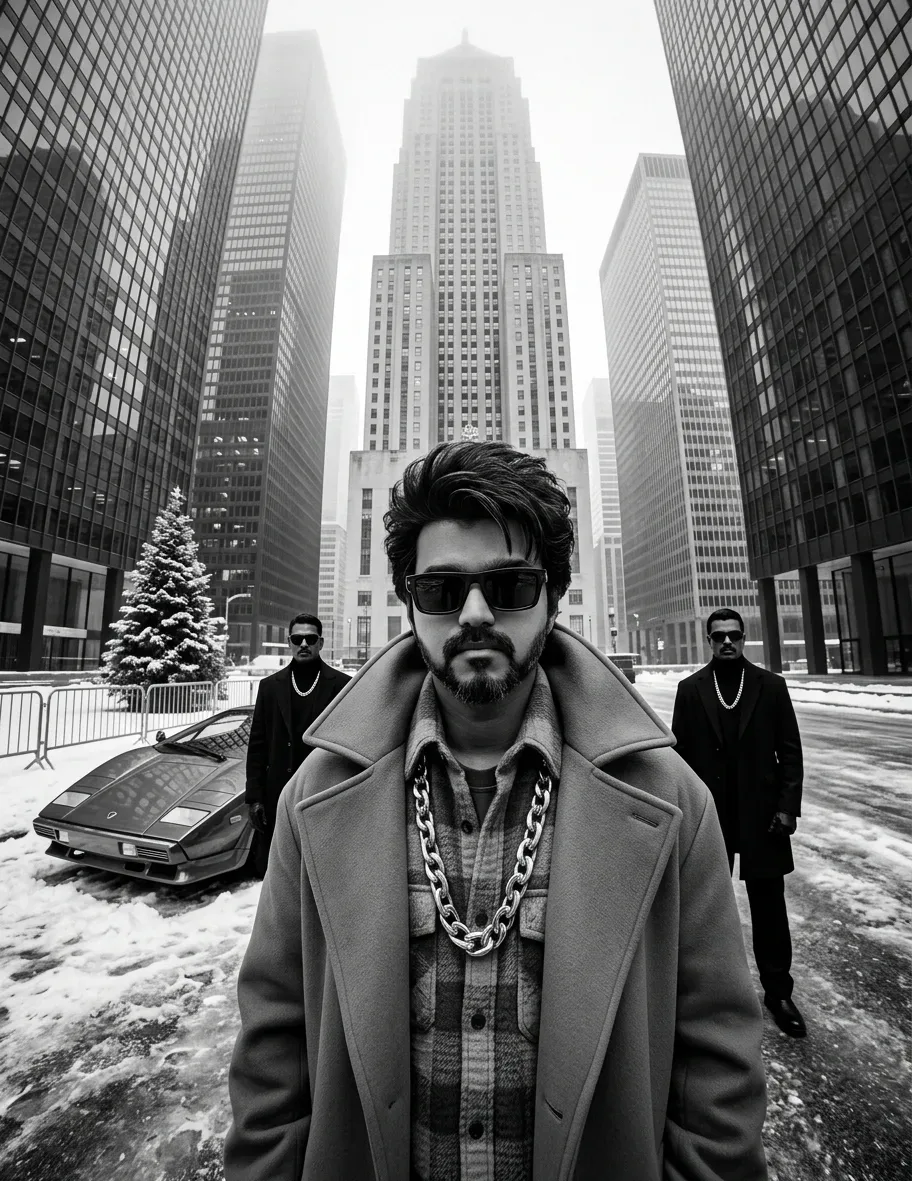 High-contrast Black-and-white Urban Editorial AI Photo Prompt preview example result