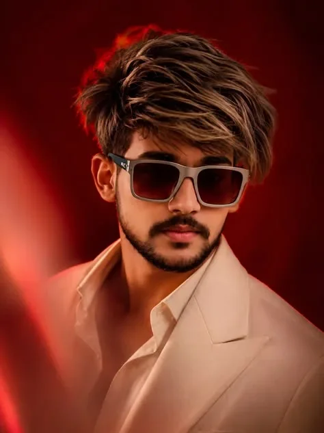 High-Fashion Studio Portrait with Crimson Lighting and Off-White Tailored Suit preview example result