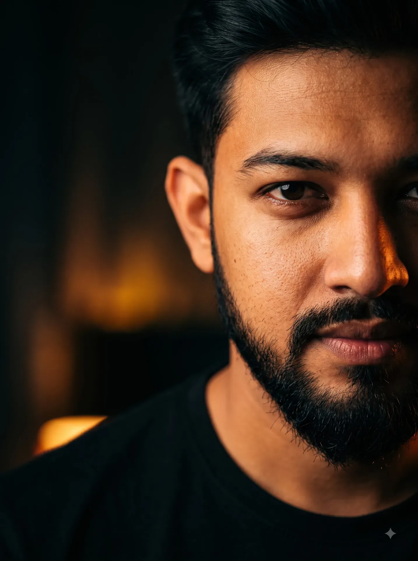 Hyper Close-up Portrait In Dark AI Photo Prompt preview example result