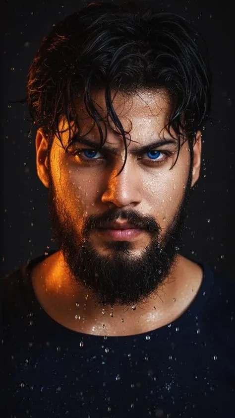 Hyper-detailed Piercing Blue-eyed Wet Rain Portrait AI Photo Prompt preview example result