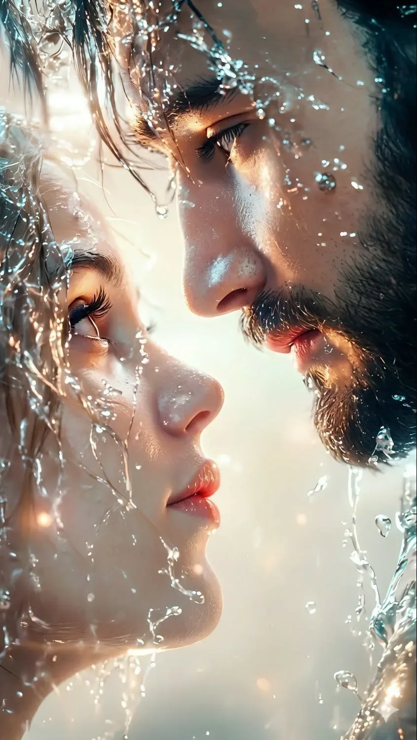 Hyper-detailed Romantic Water-splashed Couple Macro Portrait AI Photo Prompt preview example result