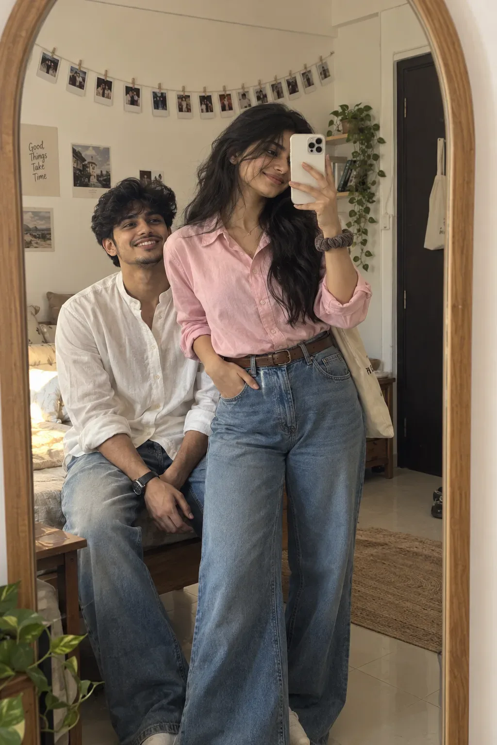 Hyper Realistic Full Length Mirror Selfie Of A Young Couple AI Photo Prompt preview example result