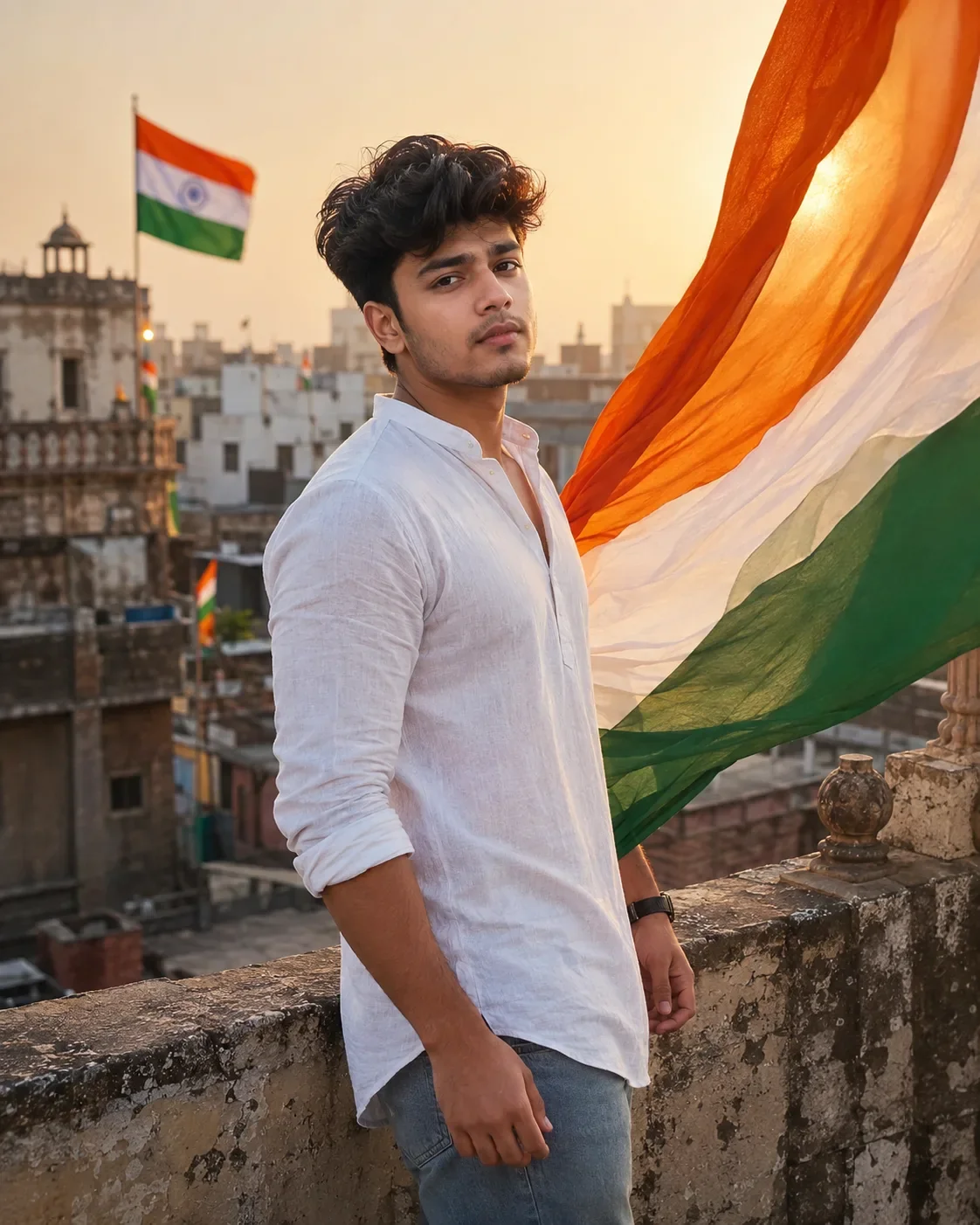 Indian Rooftop Independence Day Portrait Premium Tricolor Fashion Editorial AI Photo Prompt preview example result