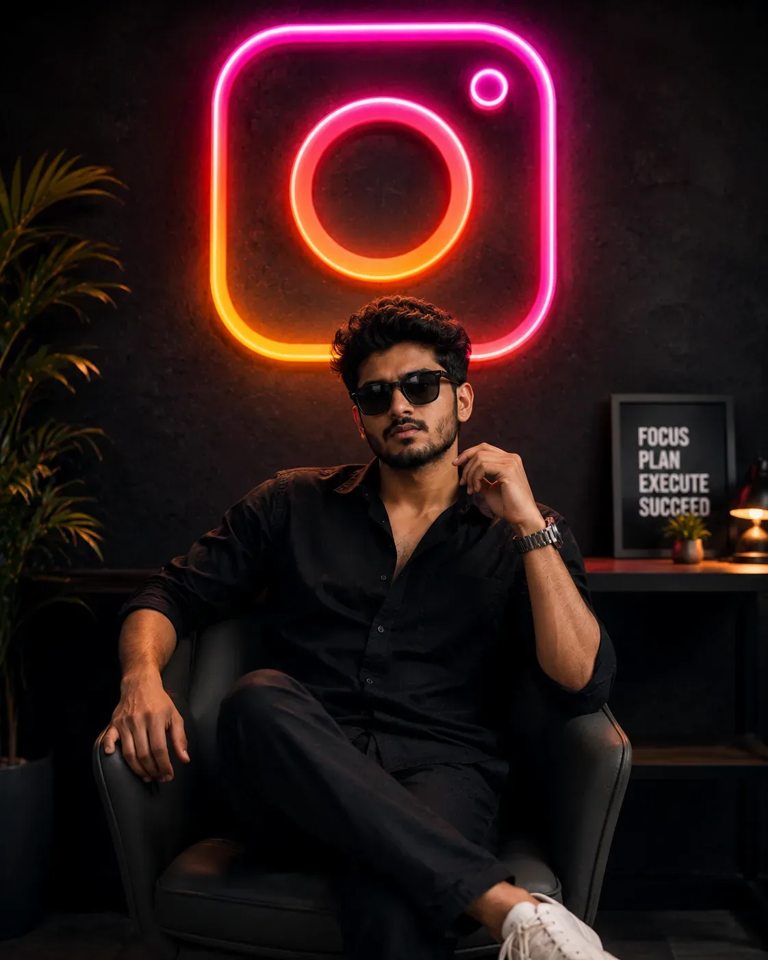 Instagram Neon Studio Portrait Front Camera Angle AI Photo Prompt preview example result