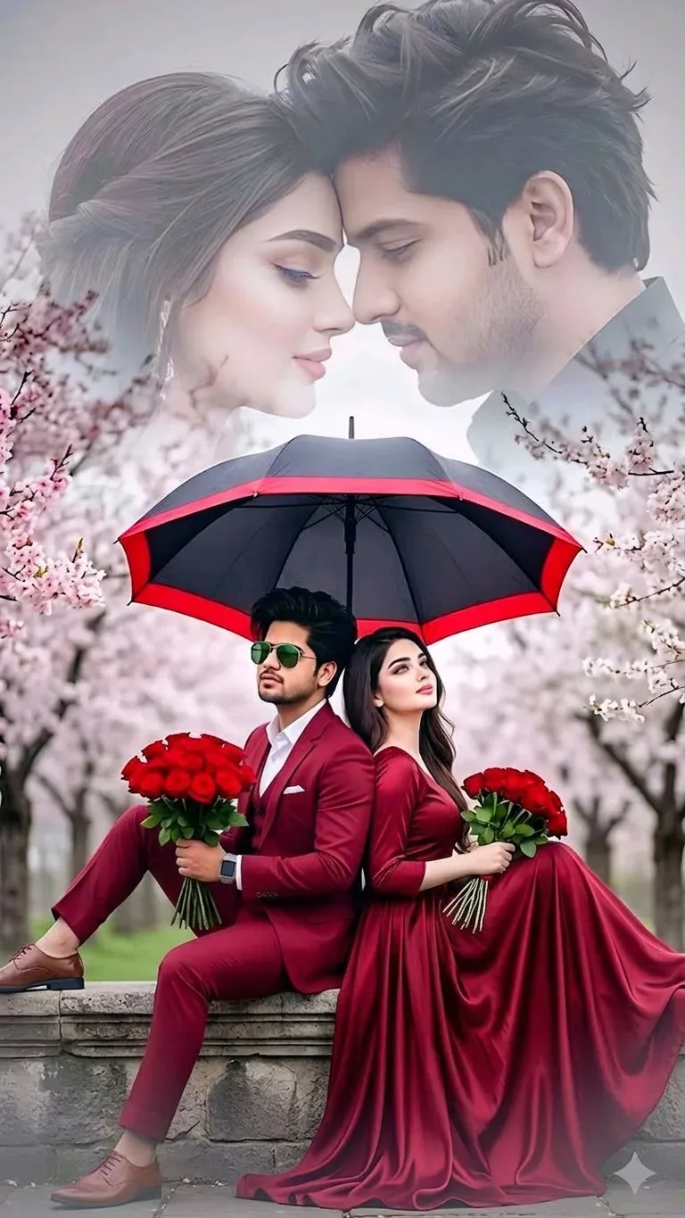 Intimate Red Suit Cherry Blossom Portrait AI Photo Prompt preview example result