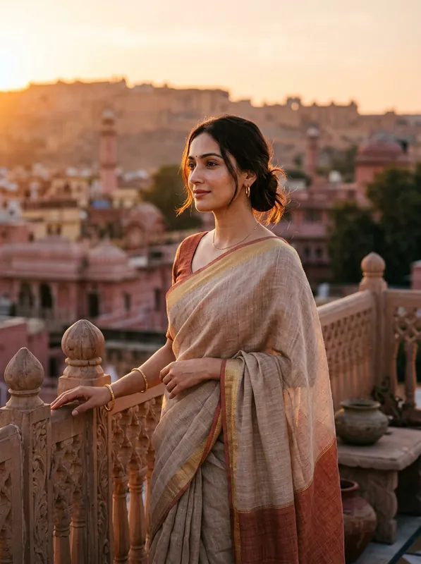 Golden Hour Terrace Linen Saree Aesthetic AI Photo Prompt - copy paste viral AI photo prompt preview for Google Gemini and Bing Image Creator