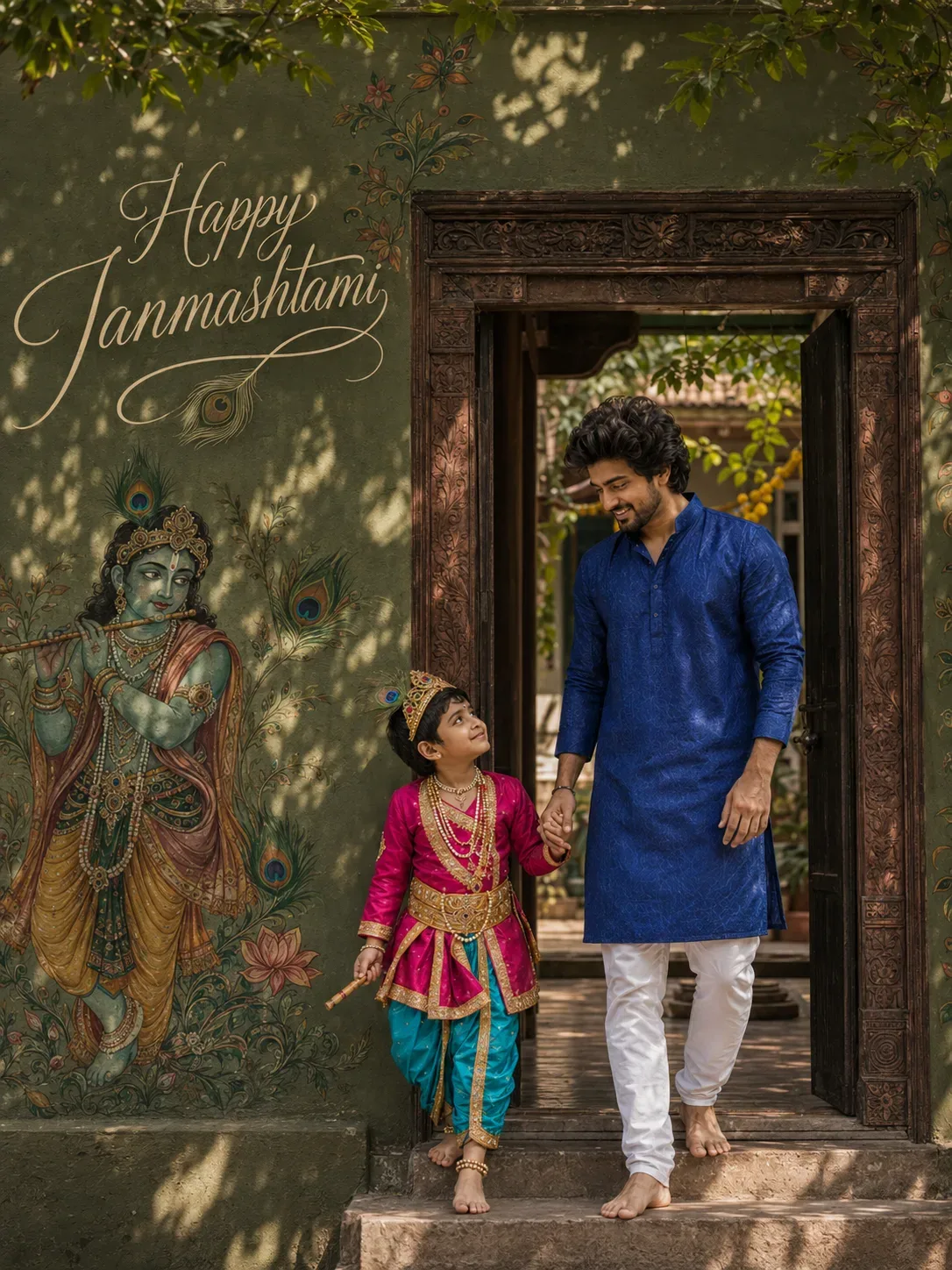Janmashtami Portrait Adult And Child In Traditional Courtyard AI Photo Prompt preview example result