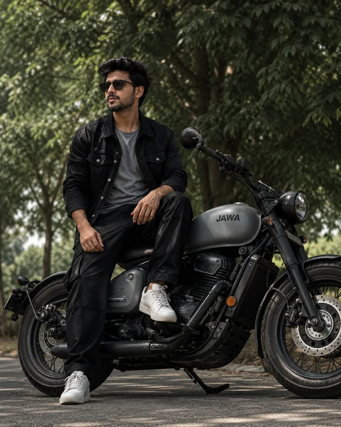 Jawa 42 Bobber Portrait Cinematic Motorcycle Lifestyle Editorial Photography AI Photo Prompt preview example result