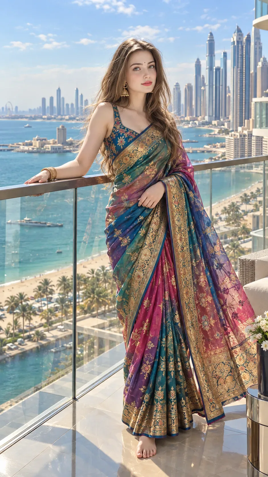 Jewel-toned Grace: Saree Elegance Above The City AI Photo Prompt preview example result