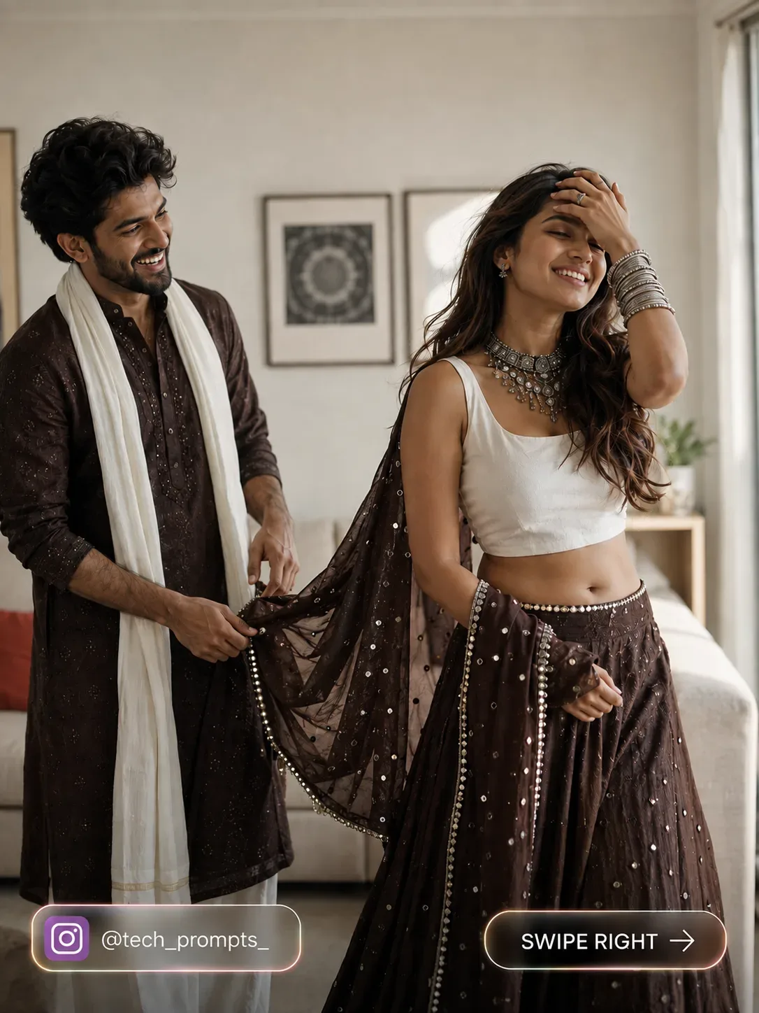 Joyful Indoor Portrait South Asian Couple AI Photo Prompt preview example result