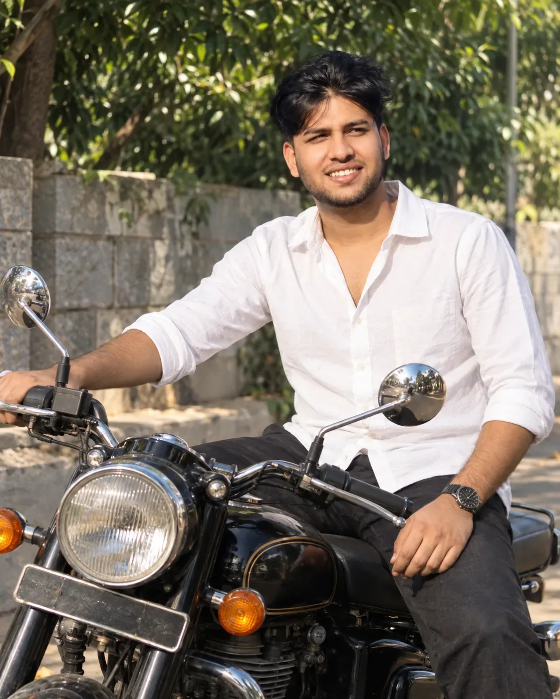 Joyful Ride On A Classic Motorcycle AI Photo Prompt preview example result