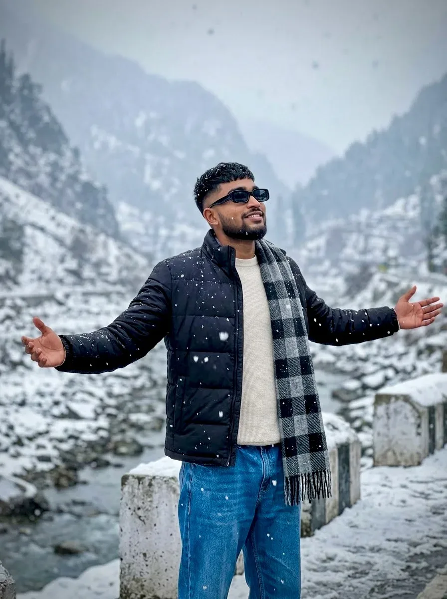 Joyful Snowfall In The Winter Mountains AI Photo Prompt preview example result