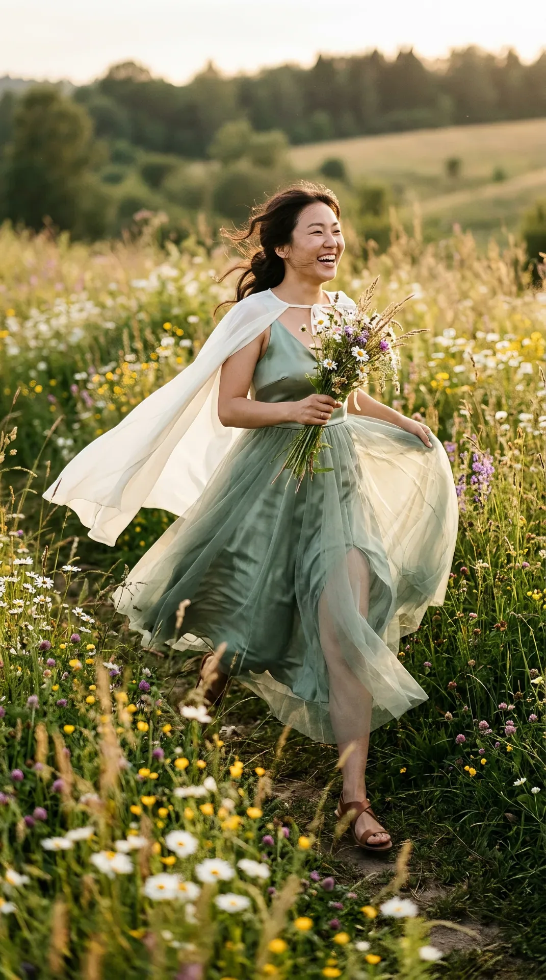 Joyful Woman Running Through Wildflower Meadow With White Capelet & Bouquet AI Photo Prompt preview example result