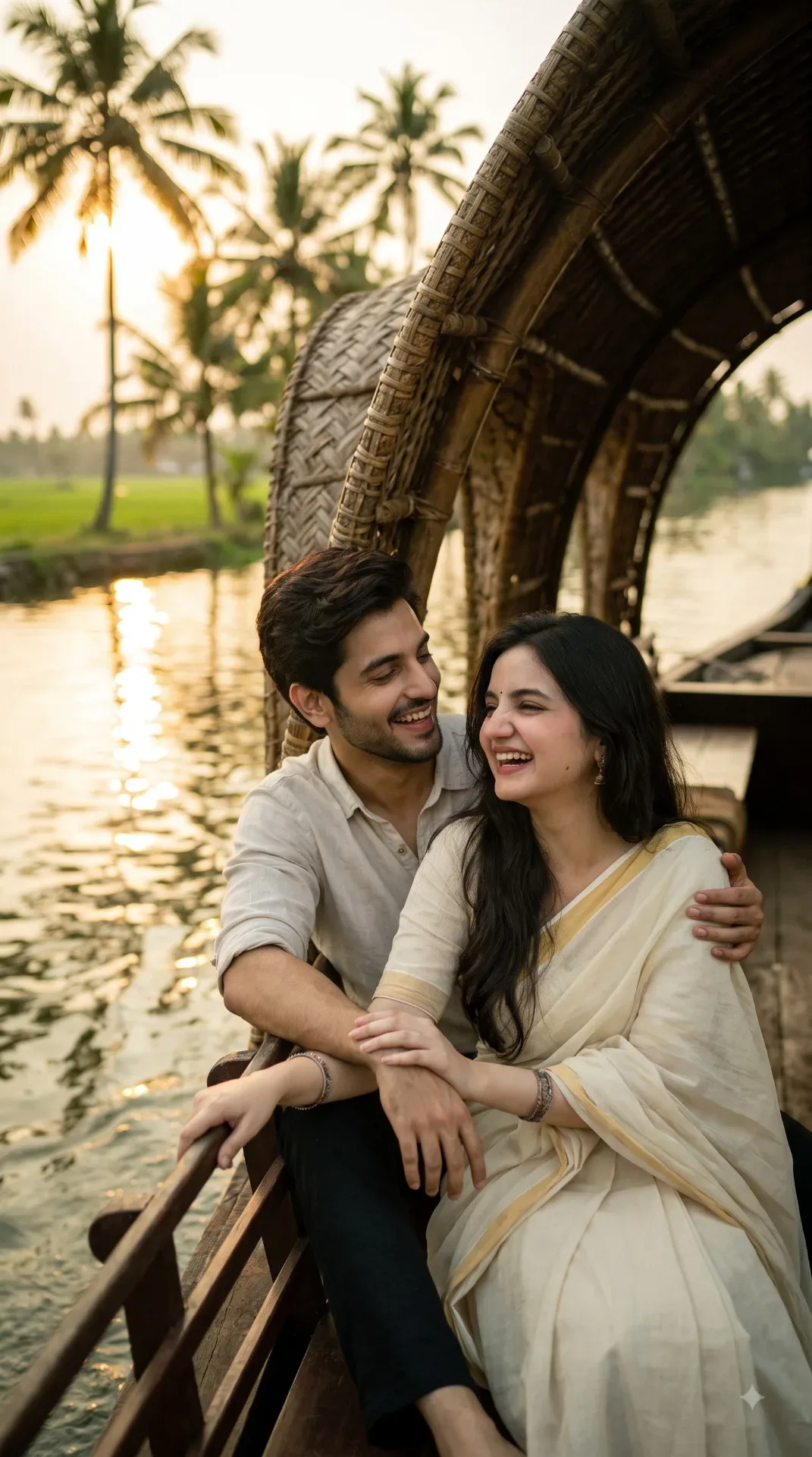 "kerala Backwaters Houseboat Editorial Couple Portrait" AI Photo Prompt preview example result