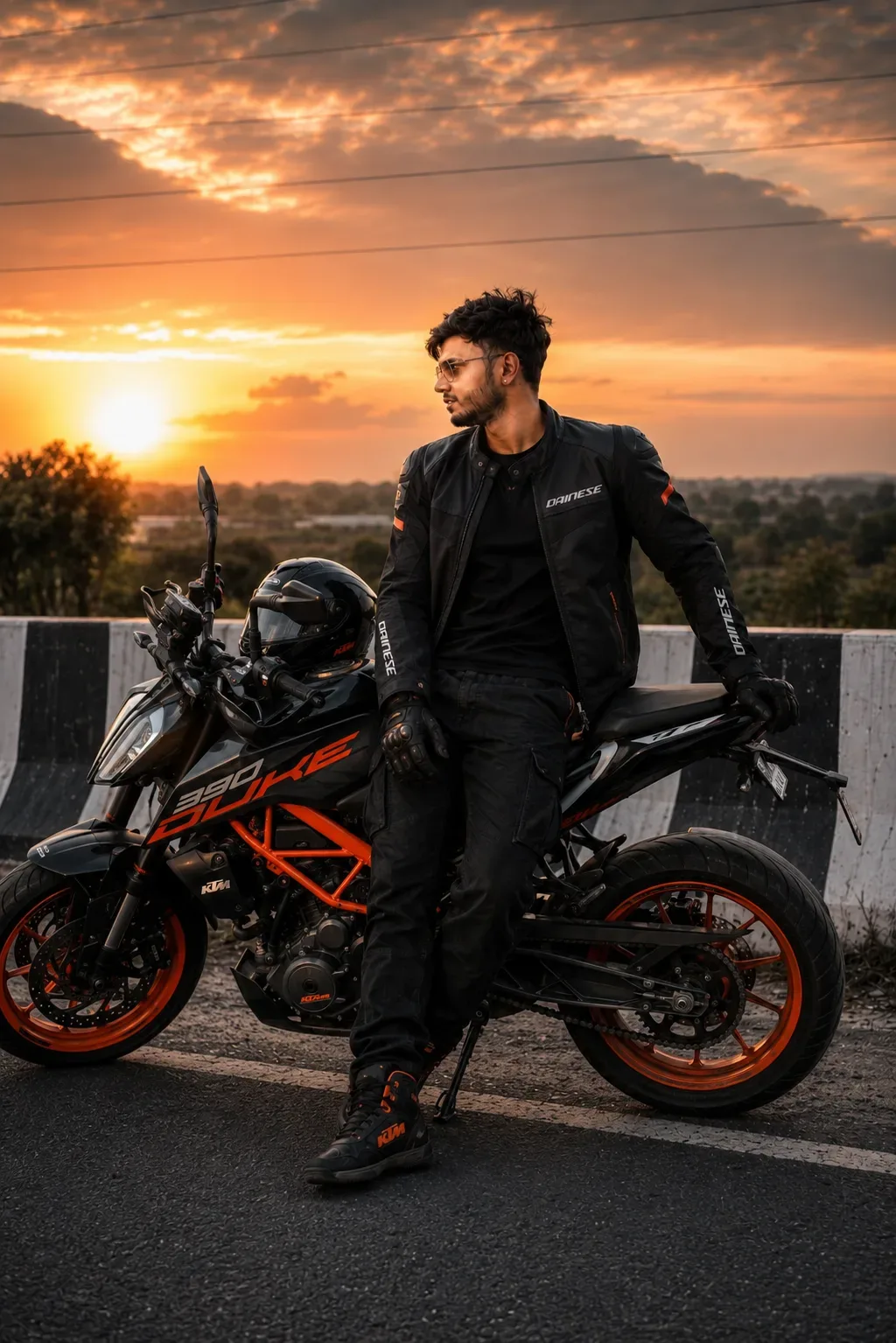KTM 390 Duke Golden Hour Biker Portrait AI Photo Prompt preview example result