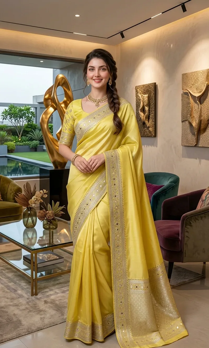 Lemon Silk Saree In Art Lounge AI Photo Prompt preview example result