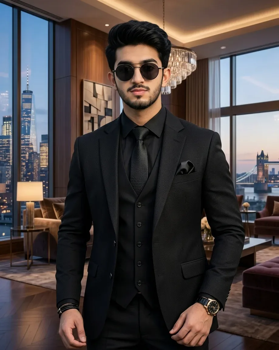 Luxurious Black Suit Portrait AI Photo Prompt preview example result