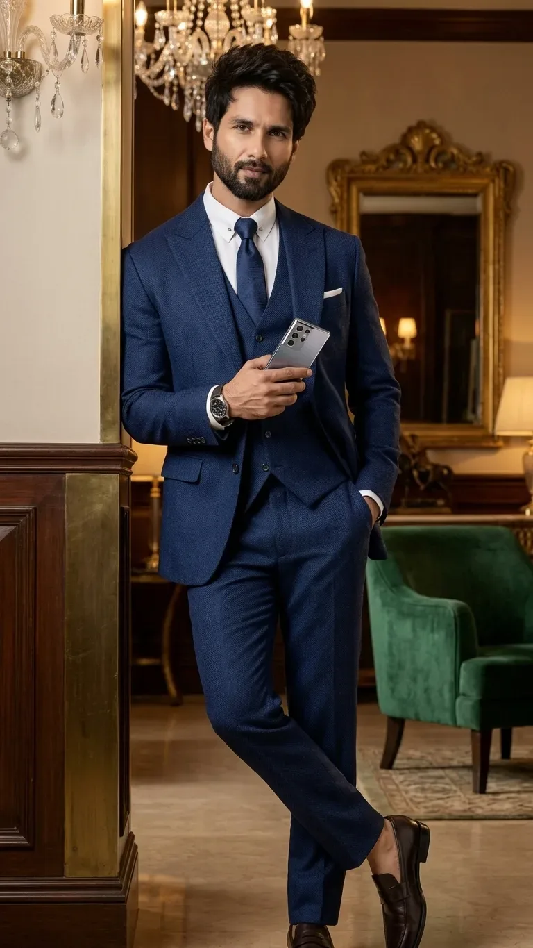 Luxurious Royal Blue Three Piece Suit Portrait AI Photo Prompt preview example result