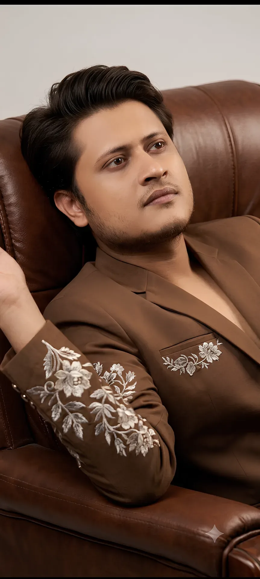 Luxury Brown Menswear Portrait: Elegant South Asian Fashion Editorial AI Photo Prompt preview example result