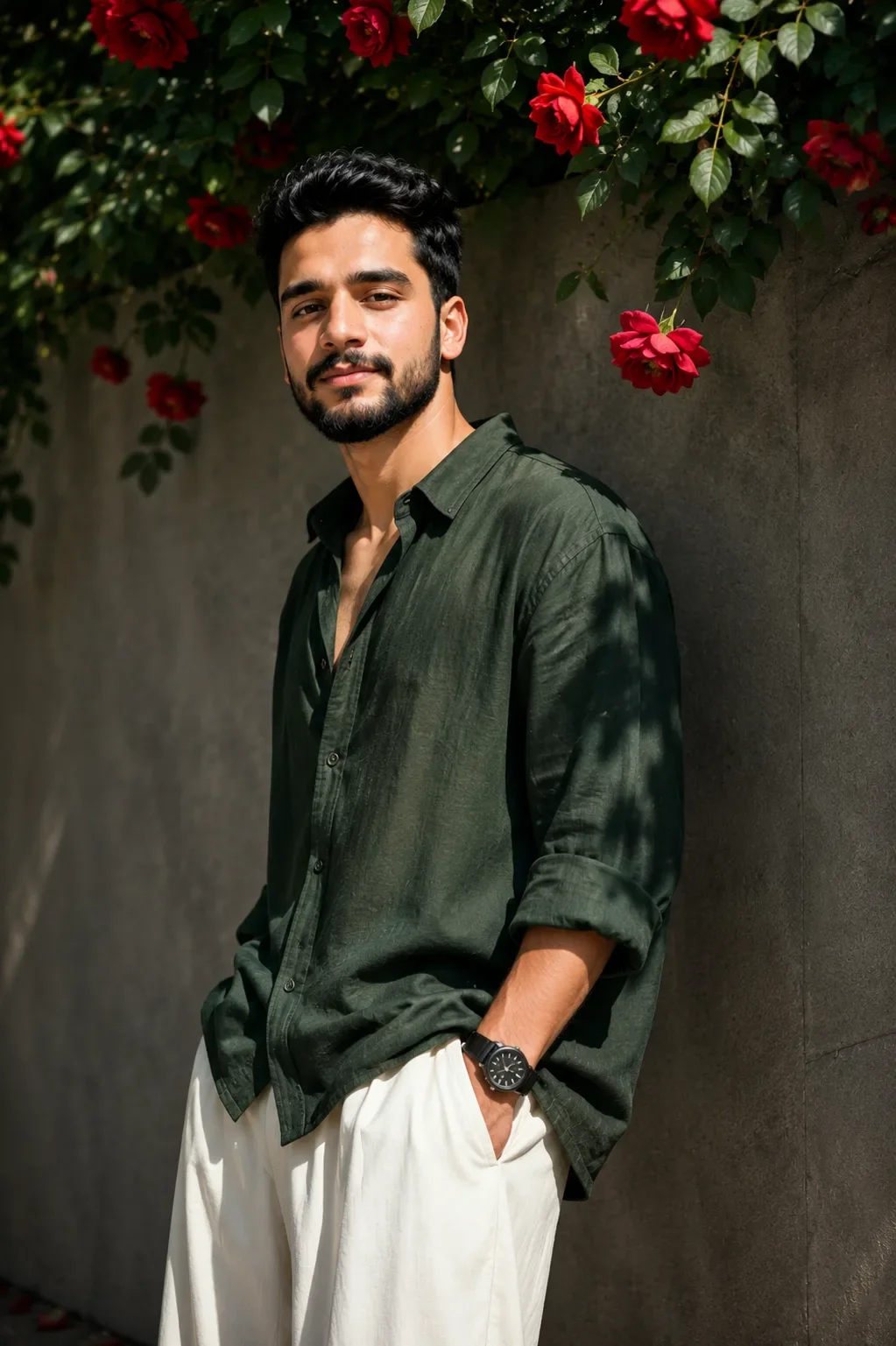 Luxury Green Editorial Portrait AI Prompt | Cinematic Fashion Photography with Floral Backdrop preview example result