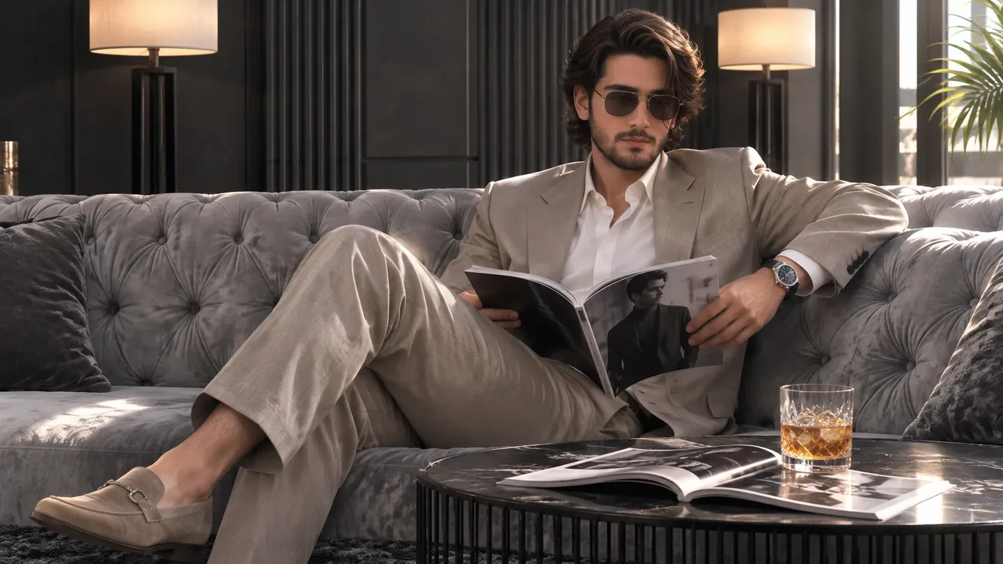 Luxury Lifestyle Editorial Sophisticated Man Reading On Velvet Sofa AI Photo Prompt preview example result