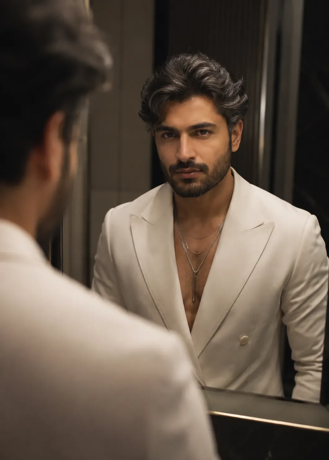 Luxury Mirror Reflection Portrait Cinematic Editorial Photography AI Photo Prompt preview example result