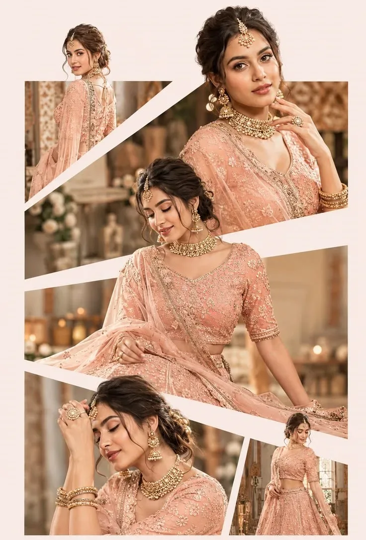 Luxury Peach Bridal Lehenga Editorial Collage AI Photo Prompt preview example result
