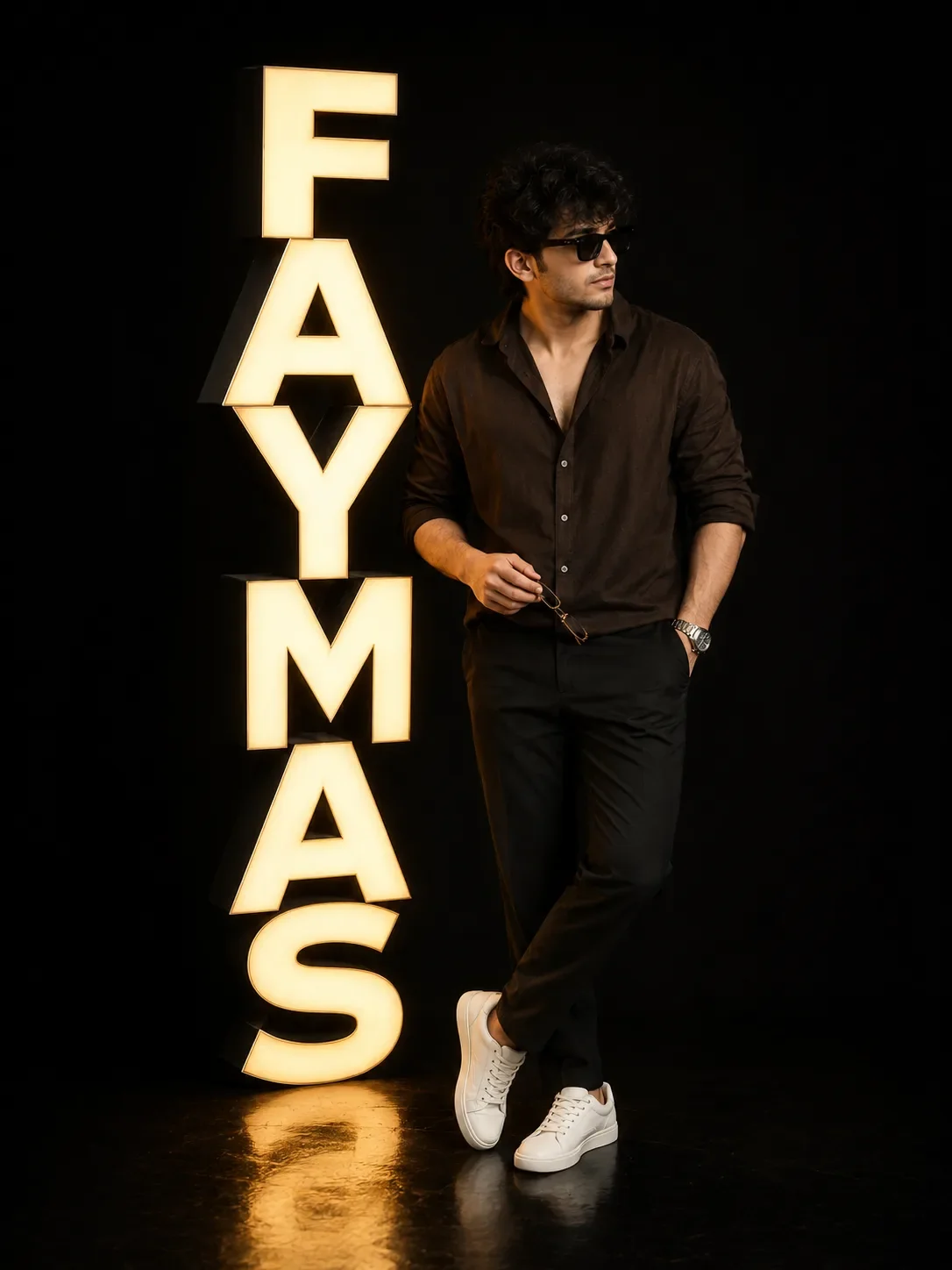 Luxury Studio Portrait with Illuminated 3D Name Letters AI Prompt | Ultra-Realistic Editorial Fashion Photography preview example result