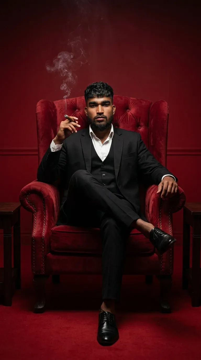 Mafia Boss Male Portrait Smoking Cigar In Red Velvet Armchair AI Photo Prompt preview example result