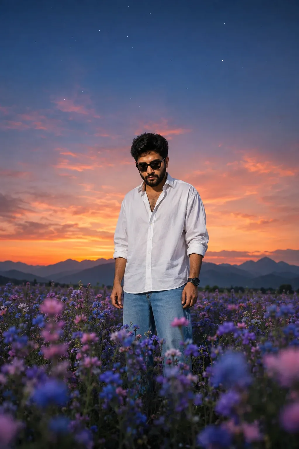 Man Amidst Wildflowers At Sunset AI Photo Prompt preview example result