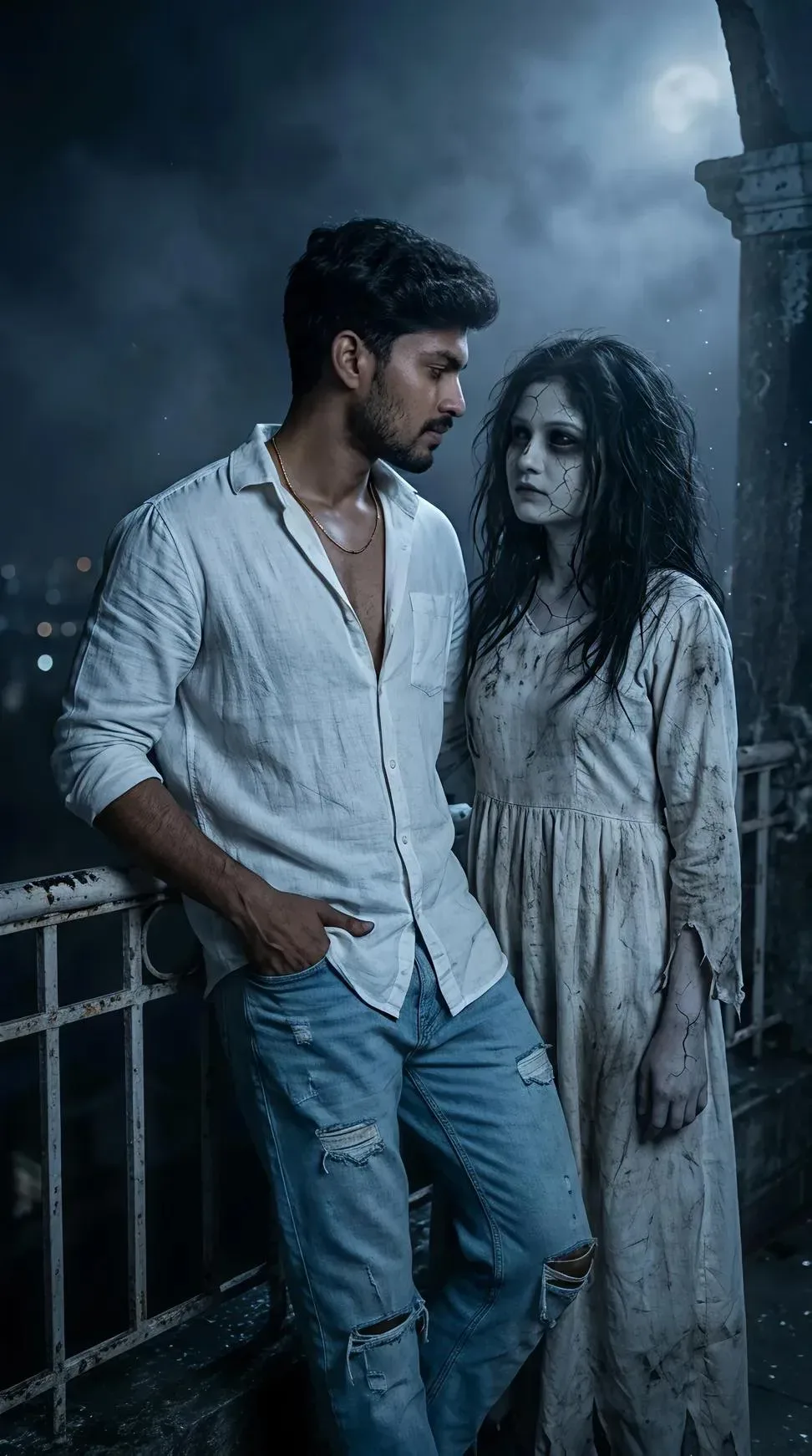 Man Comforting A Ghost Woman: Cinematic AI Photo Prompt preview example result
