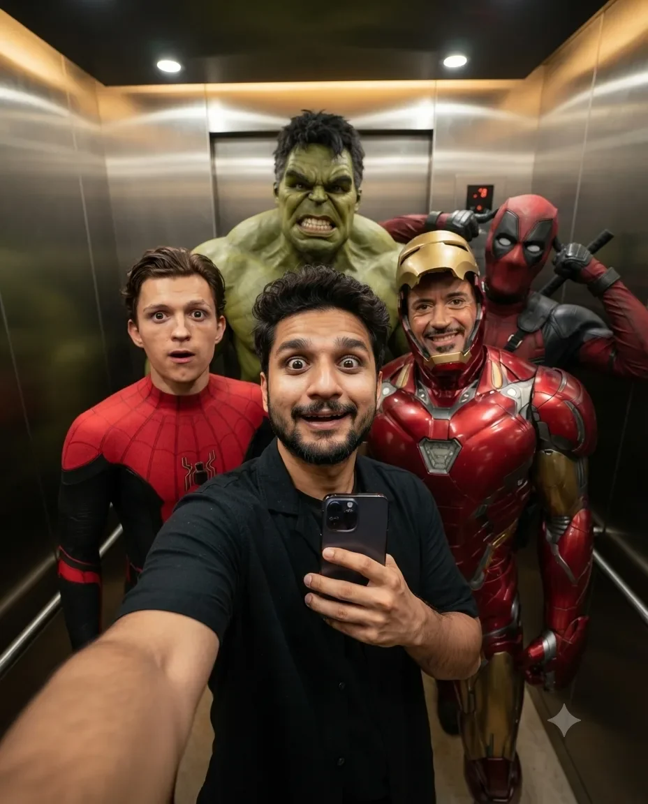 Marvel Elevator Selfie AI Prompt | Cinematic Superhero Group Photo preview example result