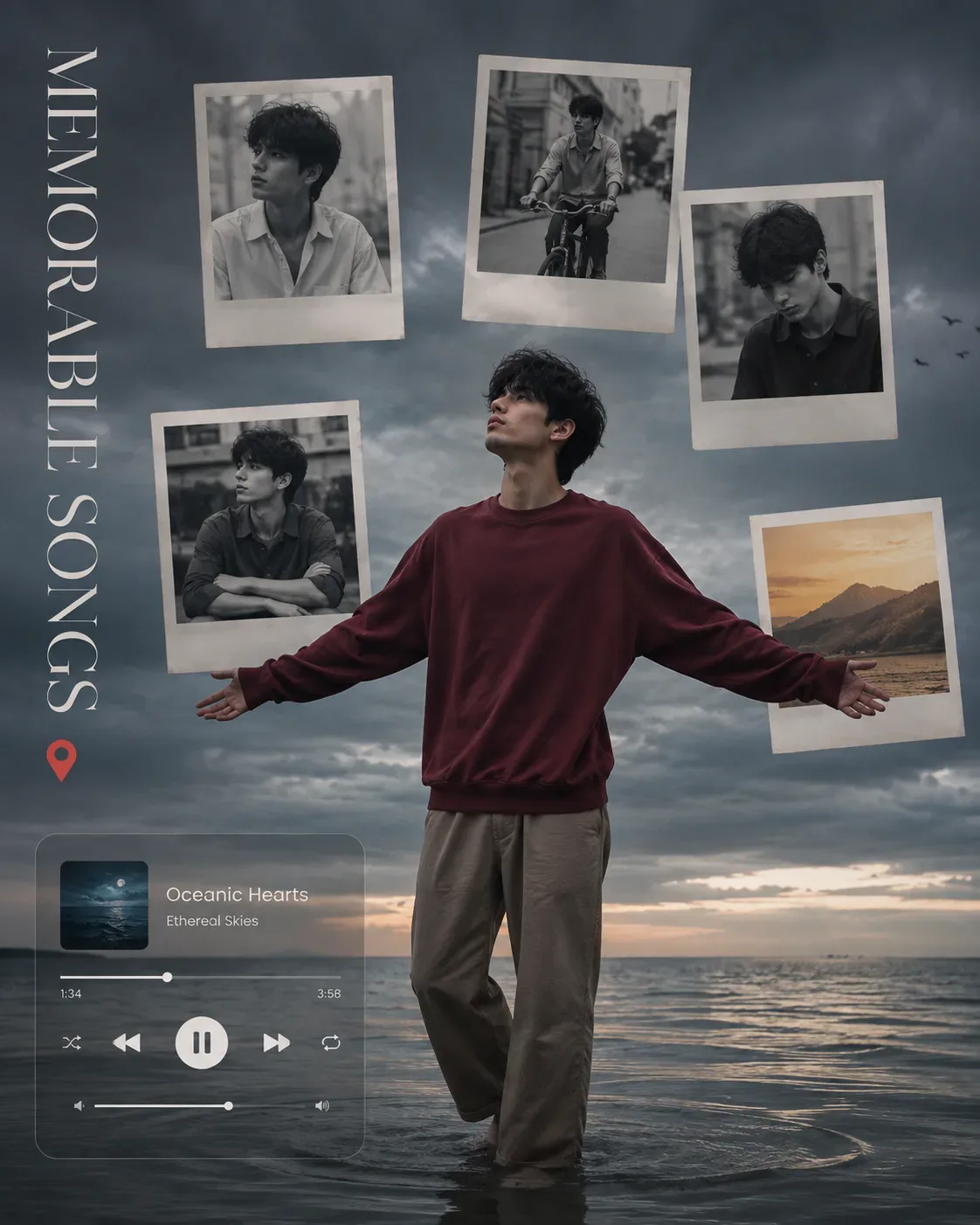 Melancholic Echoes Cinematic Music-lover Ocean Editorial AI Photo Prompt preview example result