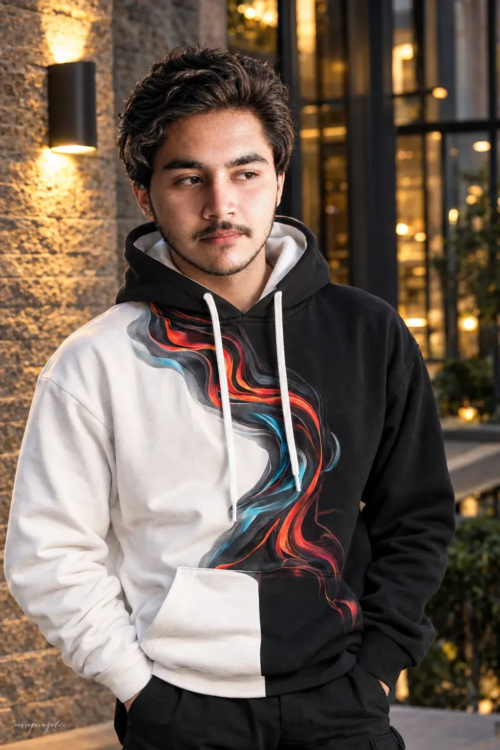 Midnight Flame Split-style Streetwear AI Photo Prompt preview example result