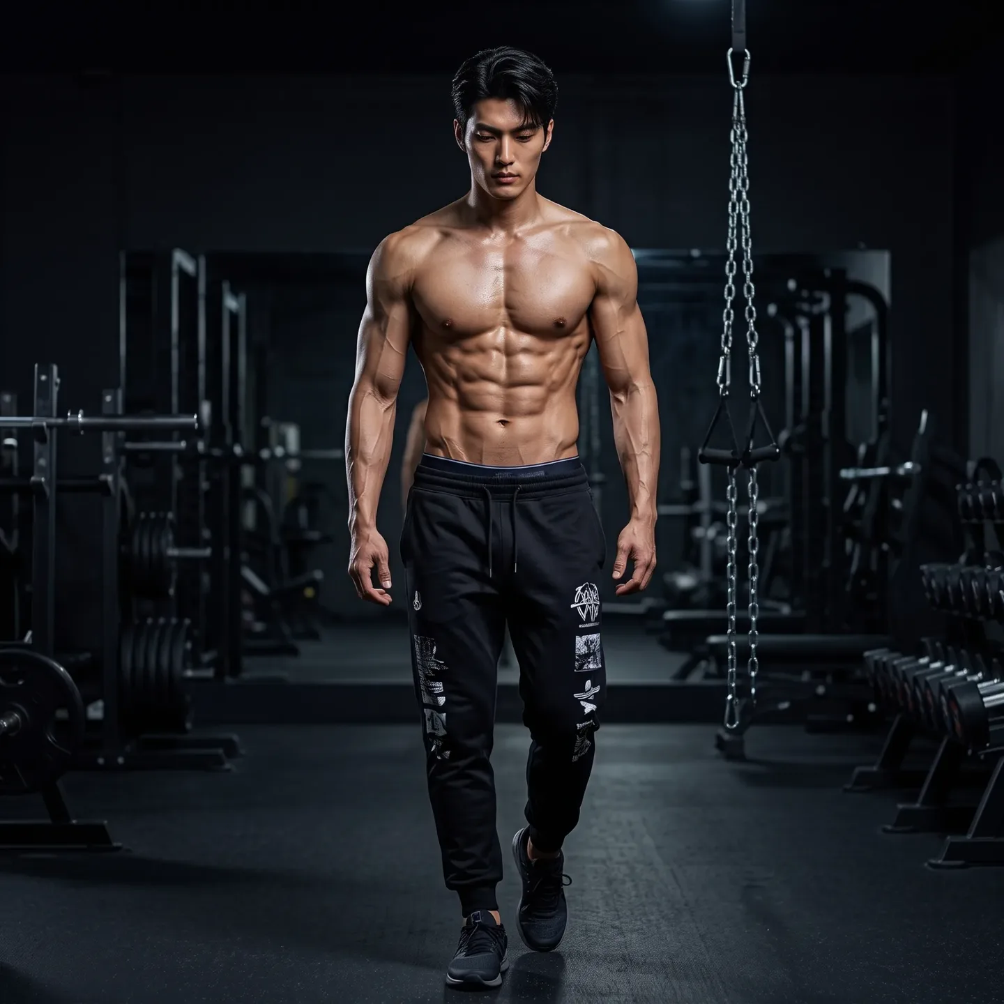 Midnight Gym Cinematic Fitness Portrait AI Photo Prompt preview example result