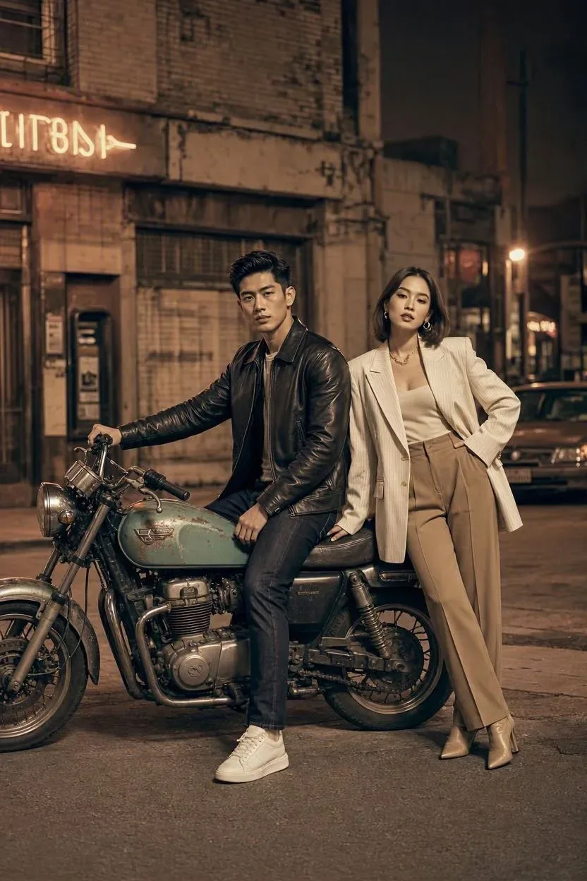Midnight Neo-noir: Modern Duo With A 1990s Vintage Motorcycle AI Photo Prompt preview example result