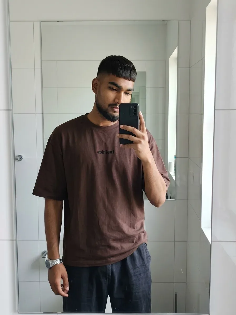 Minimalist Bathroom Mirror Selfie Male Portrait AI Photo Prompt preview example result