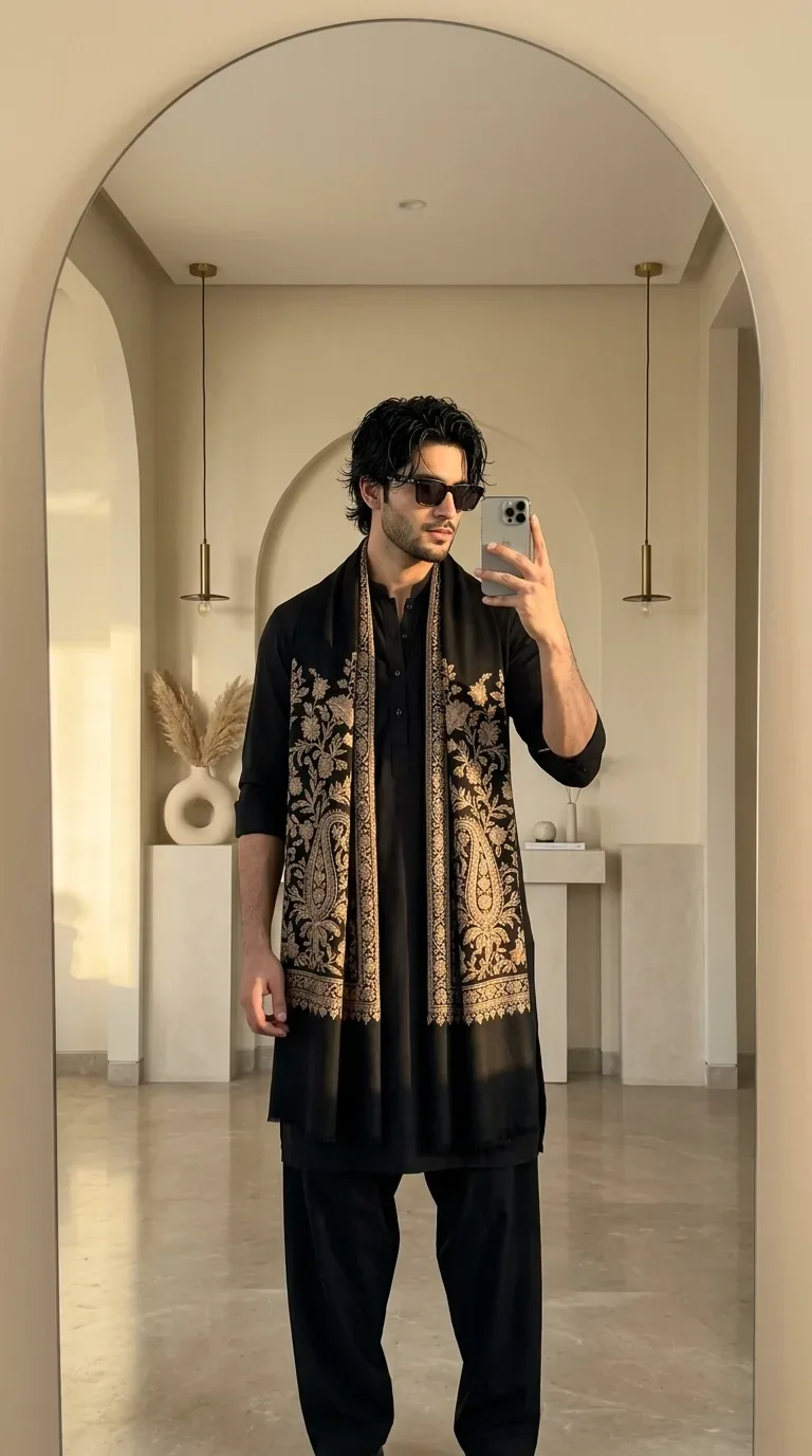 Minimalist Luxury South Asian Fashion Mirror Selfie AI Photo Prompt preview example result