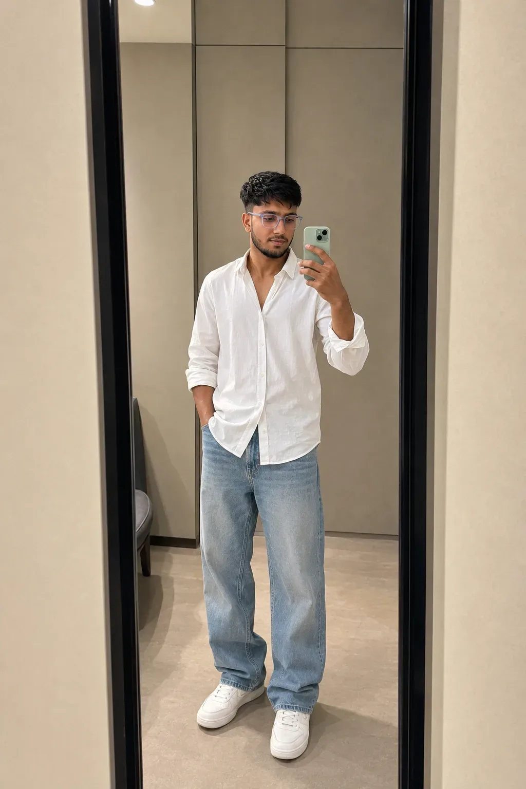 Minimalist Oversized Mirror Selfie AI Photo Prompt preview example result