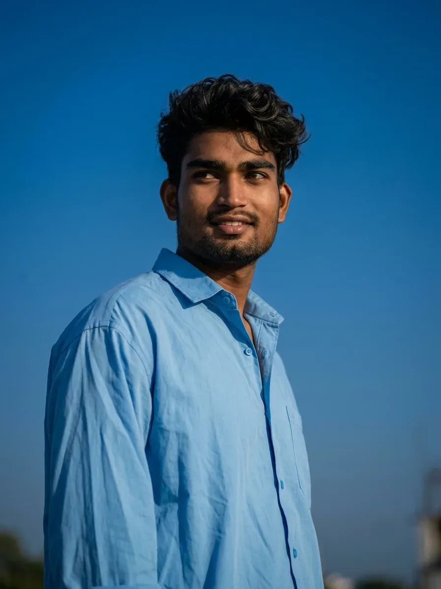 Minimalist Sky-blue Aesthetic Male Portrait Under Deep Blue Sky AI Photo Prompt preview example result