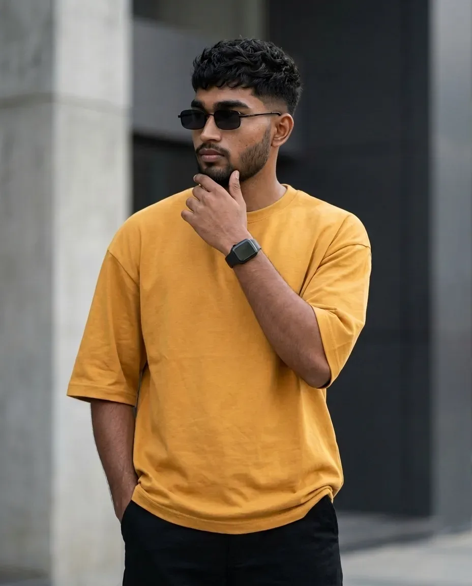 Minimalist Urban Male Portrait In Mustard Oversized T-shirt & Tinted Sunglasses AI Photo Prompt preview example result