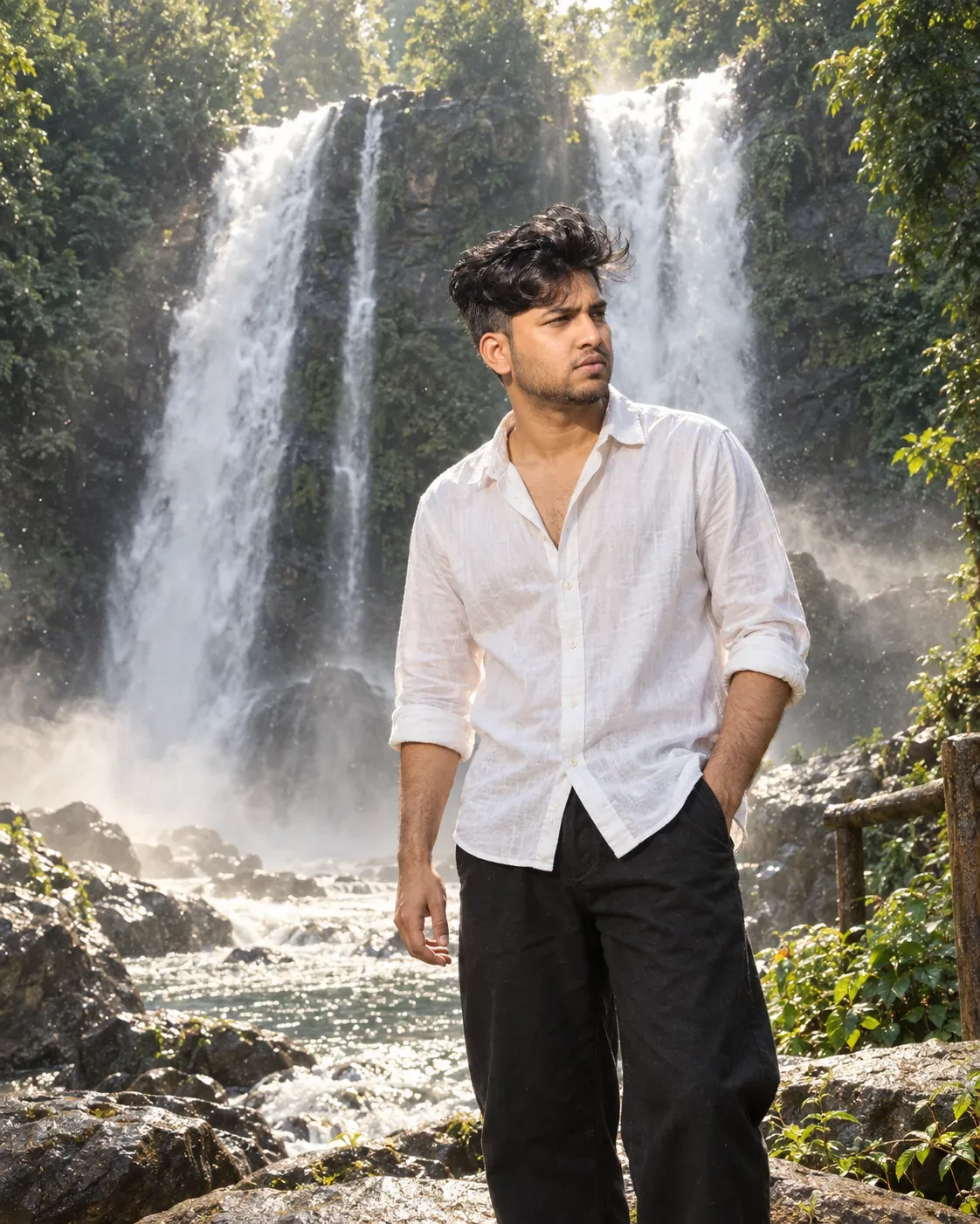 Misty Waterfall Cinematic Portrait AI Photo Prompt preview example result