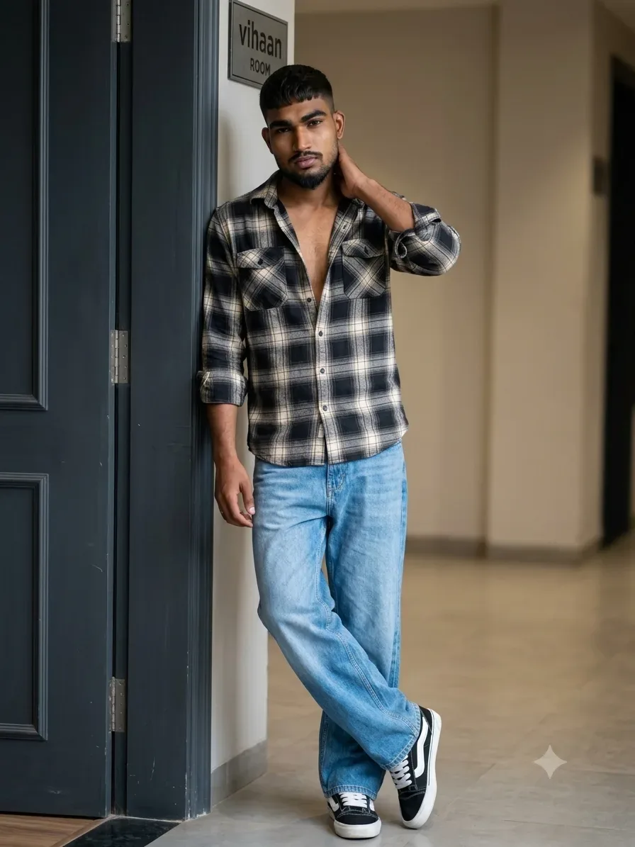 Modern Hallway Door Male Full-body Portrait In Plaid Flannel Shirt AI Photo Prompt preview example result