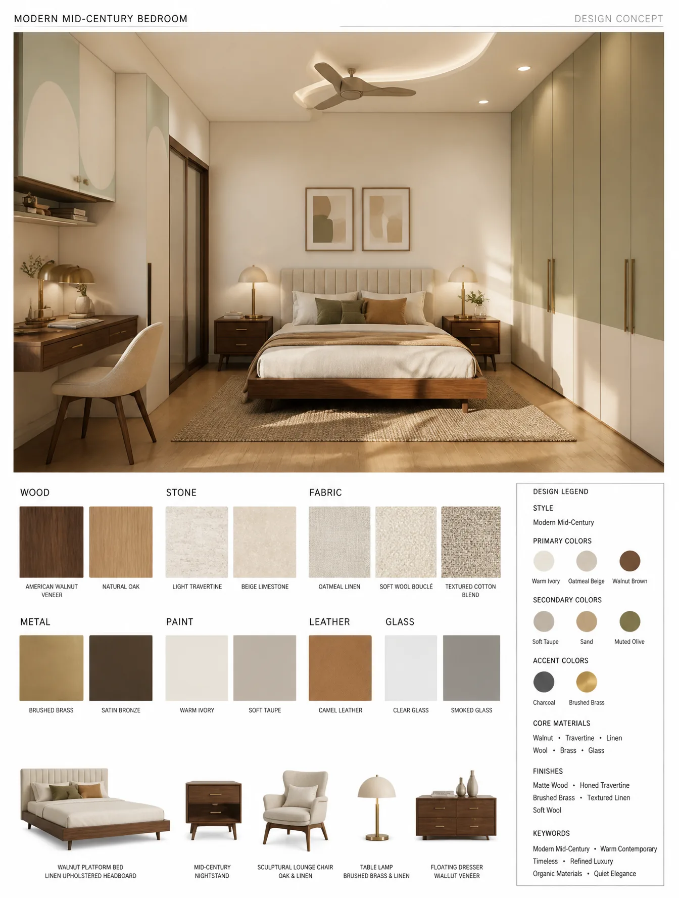 Modern Mid-Century Bedroom High-End Interior Design AI Photo Prompt generated preview