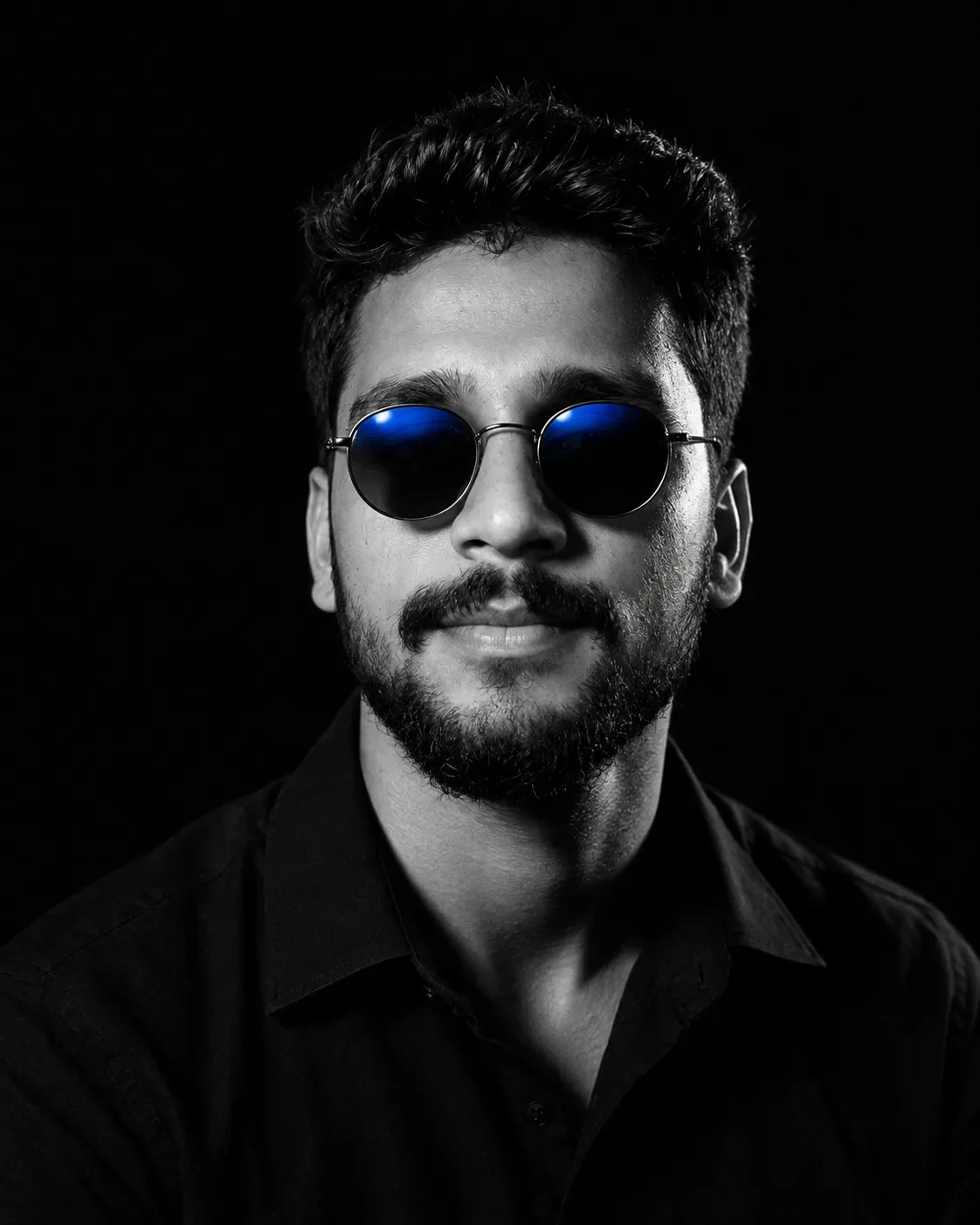 Monochrome Blue Reflection Portrait Cinematic Black & White Editorial Studio Photography AI Photo Prompt preview example result