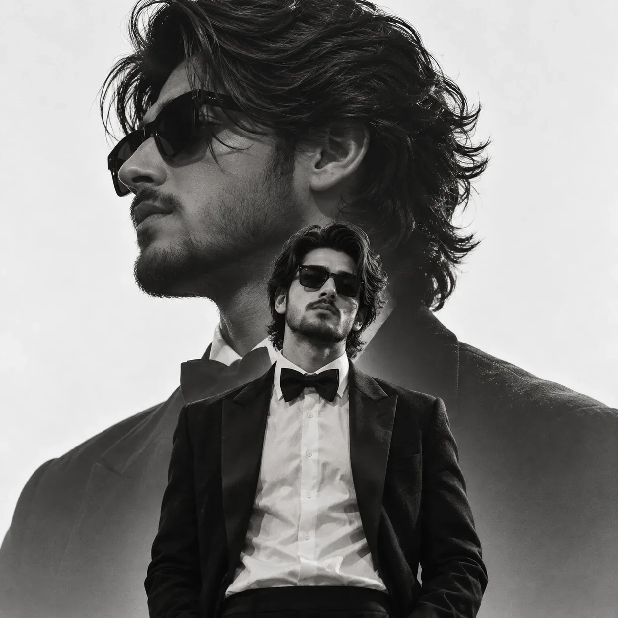 Monochrome Tuxedo Double Portrait AI Photo Prompt preview example result