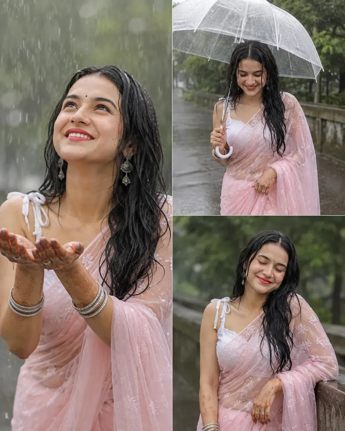 Monsoon Rain Romance Pink Sari Editorial Portrait AI Photo Prompt preview example result